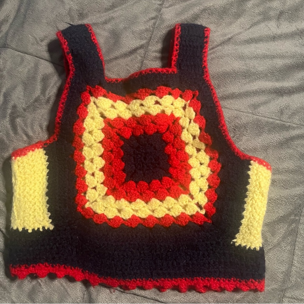 Handmade Crochet Square Patchwork Tank Top - Black, Red & Yellow